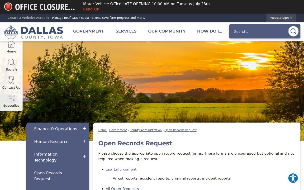 Dallas County open records request page for Urbandale-related county records