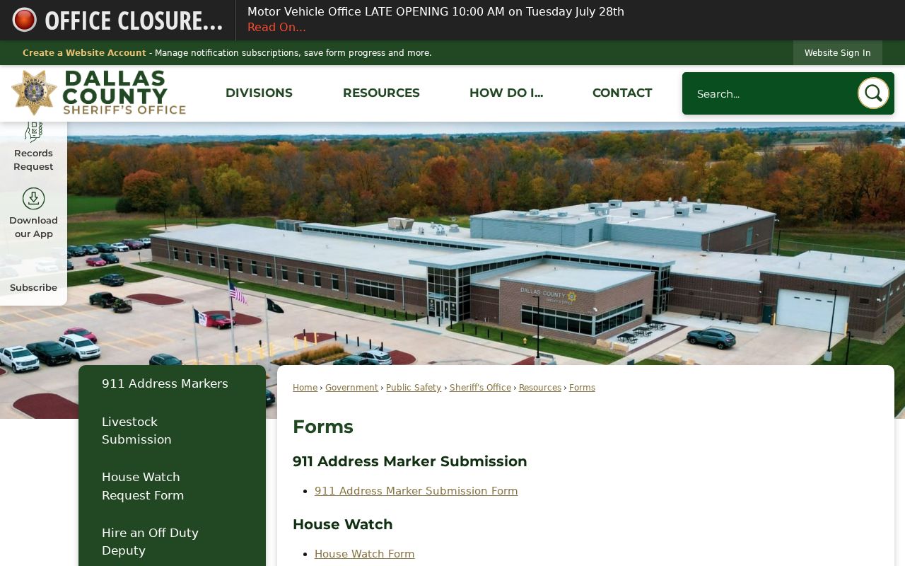 Dallas County Sheriff forms page for county-held Urbandale records